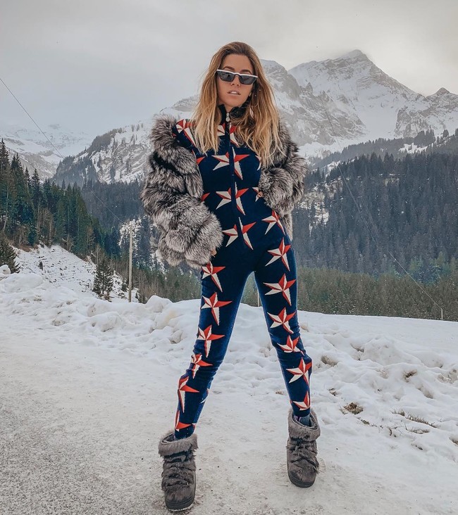 Star Print Ski Suit with Oversized Fur Jacket — Iceland Winter Outfits