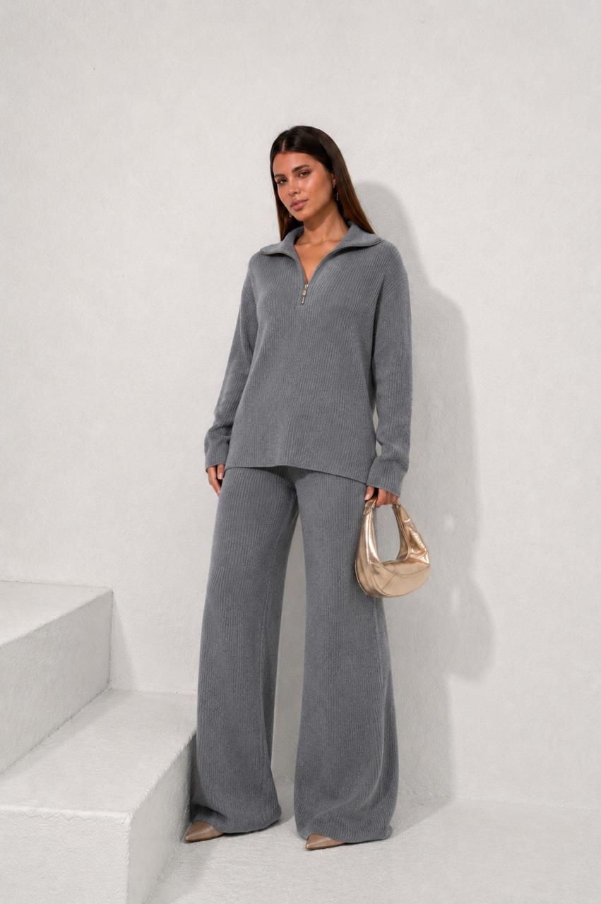 Grey Ribbed Knit Quarter Zip Sweater and Pants Grey Ribbed Knit Quarter Zip Sweater and Pants — Knit Set Outfits