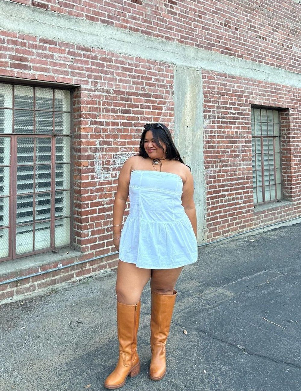 Summer Casual with White Mini Dress and Tan Boots — Knee High Boots Outfits