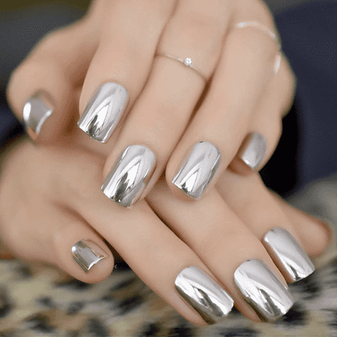 Short Square Silver Chrome Nails