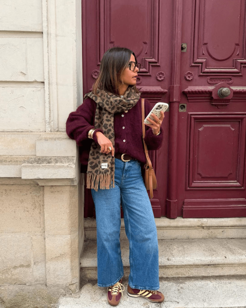 Autumnal Charm: Burgundy Cardigan with Leopard Scarf — Cardigan Outfits