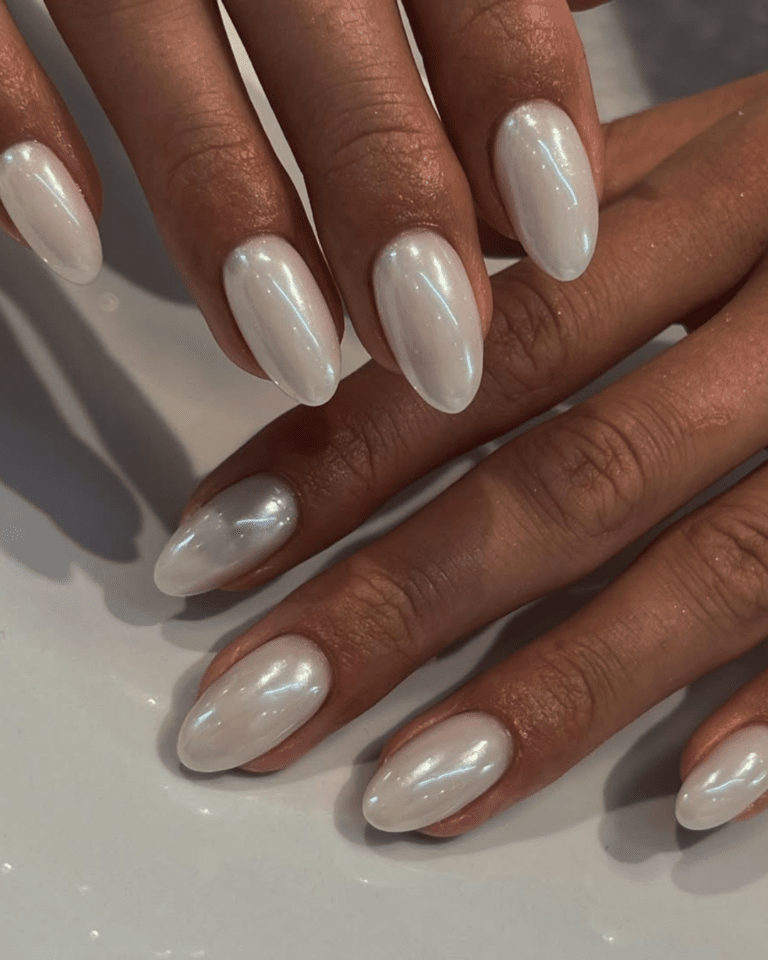 Pearlescent Off-White Luminous Oval — Medium Length Winter Nails