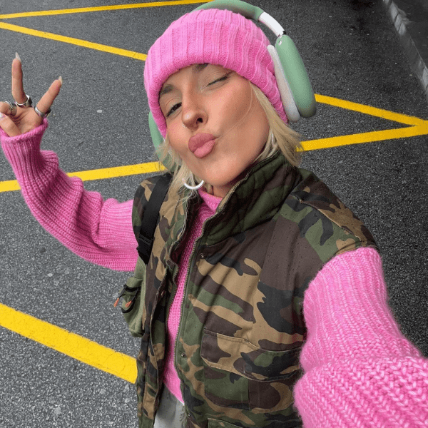 Bright Pink Beanie with Camouflage Vest for a Pop of Color — Beanie Outfits