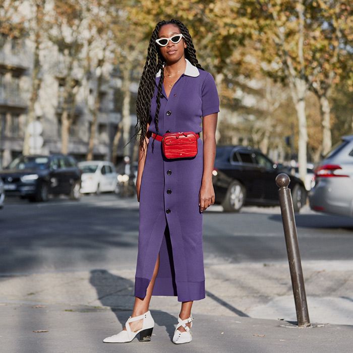 Vibrant Purple Knit Dress with a Statement Red Belt Bag — Fall to Winter Outfits