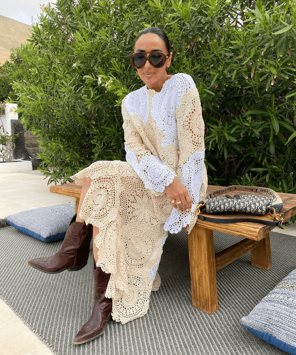 Bohemian Maxi Dress with Brown Leather Cowboy Boots Bohemian Maxi Dress with Brown Leather Cowboy Boots — Brown Boots Outfits