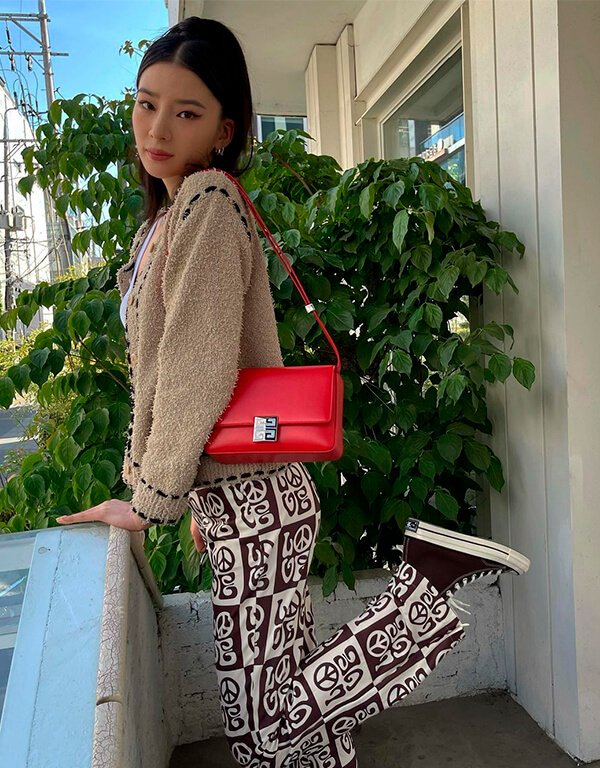 Beige Bouclé Cropped Cardigan with Patterned Wide-Leg Pants — Korean Winter Outfits