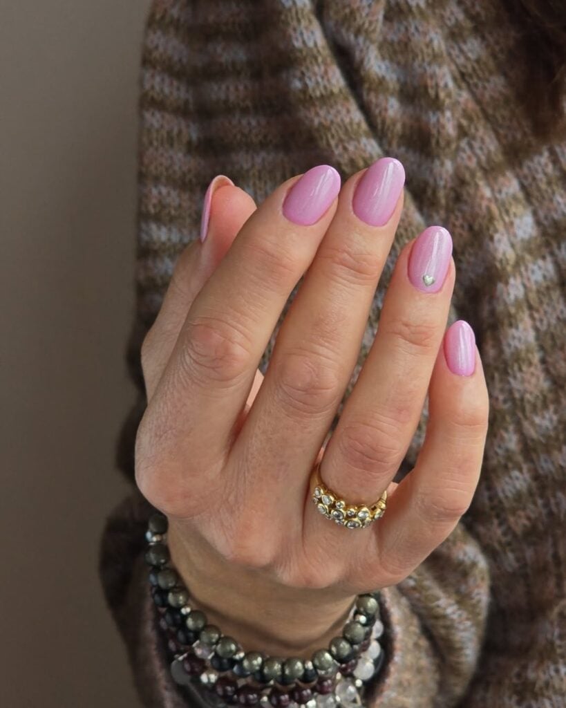 Pastel Pink Lilac Undertone Heart Charm Almond Nails — Short Winter Almond Nails