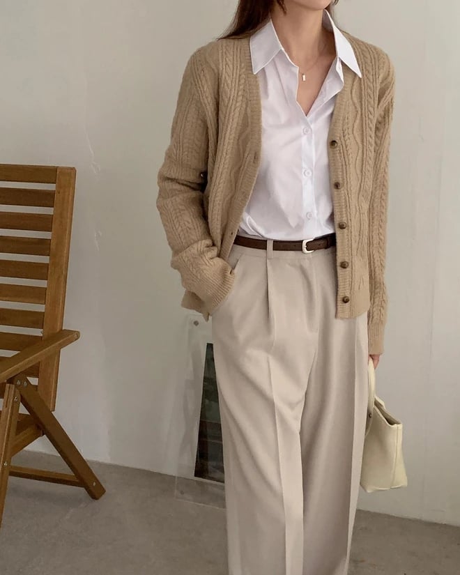 Cable-Knit Cardigan with Beige Trousers — Winter School Outfits