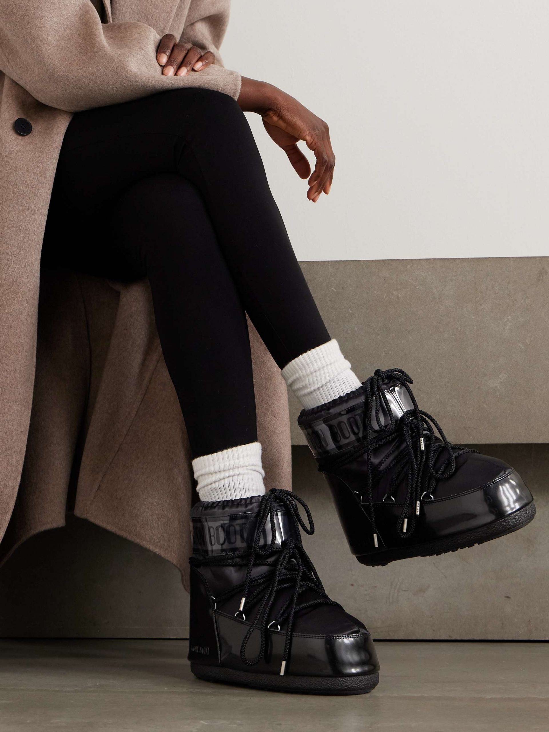 Beige Coat Black Leggings Outfit Idea Beige Coat Black Leggings Outfit Idea — Moon Boots Outfits