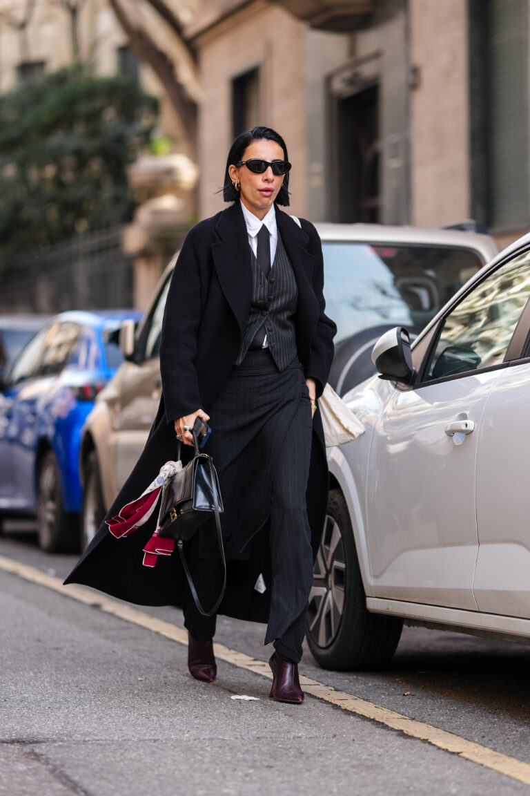 Tailored Pinstripe Suit with Wool Coat and Burgundy Boots Tailored Pinstripe Suit with Wool Coat and Burgundy Boots — Dressy Winter Outfits
