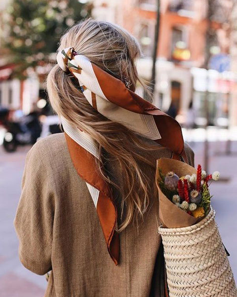 Blonde Low Ponytail with Patterned Scarf Blonde Low Ponytail with Patterned Scarf — Winter Hairstyles with Scarf