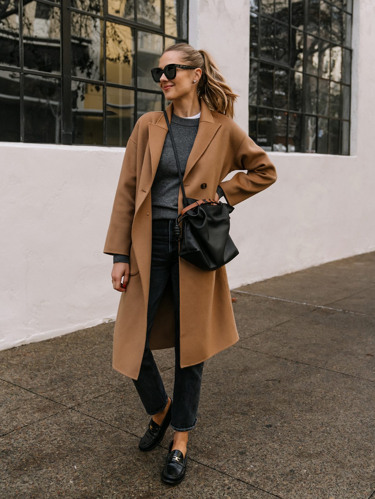 Chic Everyday: Oversized Camel Coat with Grey Sweater and Loafers — Camel Coat Outfits