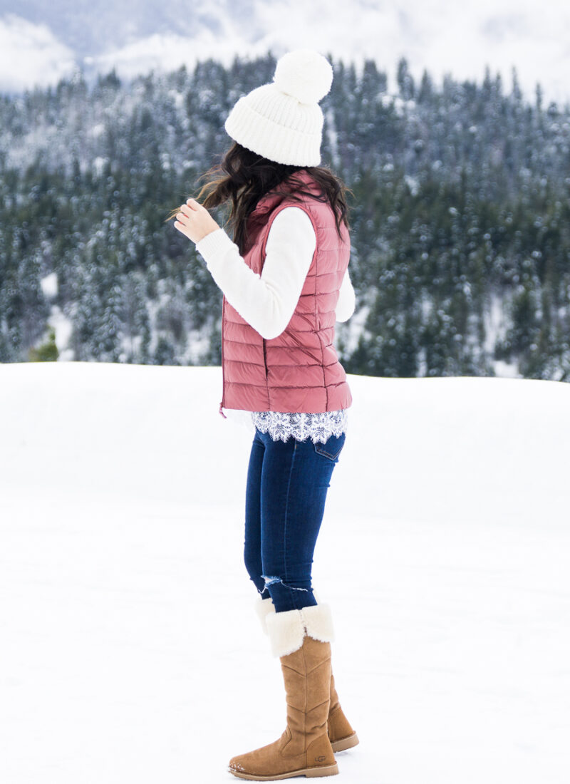 Pink Puffer Vest and Tall Boots for a Cozy Snow Day — Snow Day Outfits