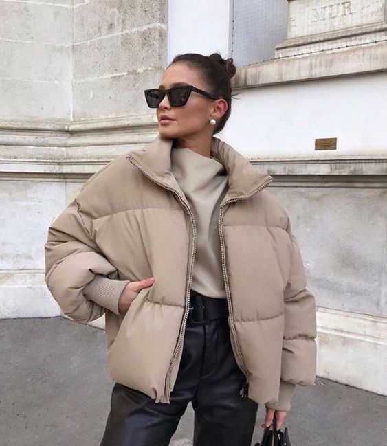 Beige Oversized Puffer with Leather Pants and Mock Neck — Winter Puffer Jacket Outfits
