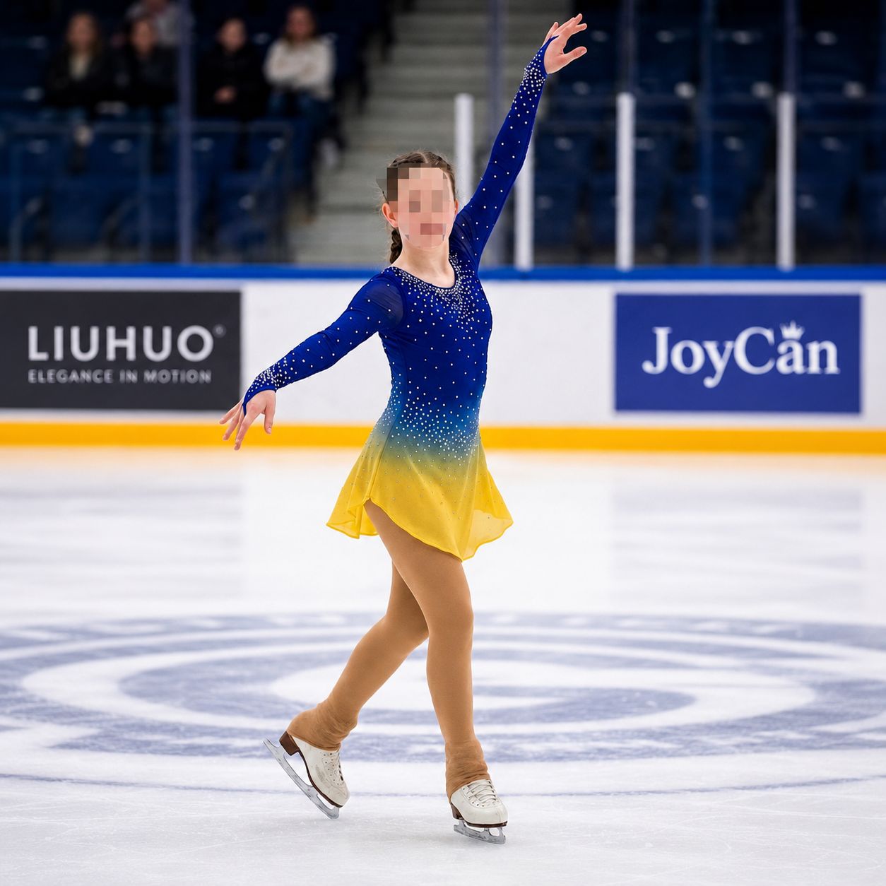 Blue Long-Sleeved Dress with Yellow Ombre Skirt and Rhinestones Blue Long-Sleeved Dress with Yellow Ombre Skirt and Rhinestones — Ice Skating Outfits