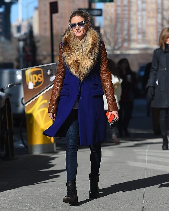 Royal Blue Coat with Fur Collar and Contrasting Leather Sleeves — NYC Winter Outfits