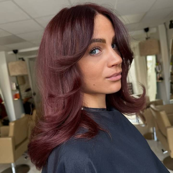 Collarbone Blowout With Lighter Ends — Burgundy Hair Color