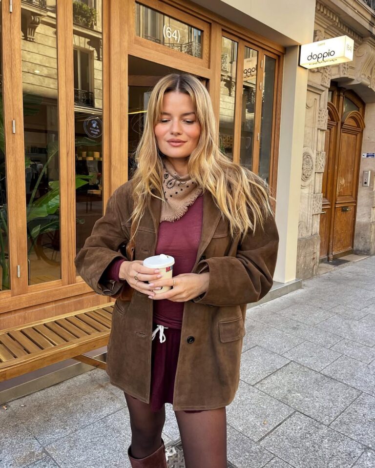 Suede Jacket and Burgundy Top with Bandana Accent — Boho Winter Outfits