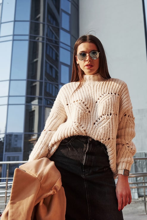 Cream Cut-Out Sweater with Black Denim Mini Skirt Cream Cut-Out Sweater with Black Denim Mini Skirt — Sweater Outfits