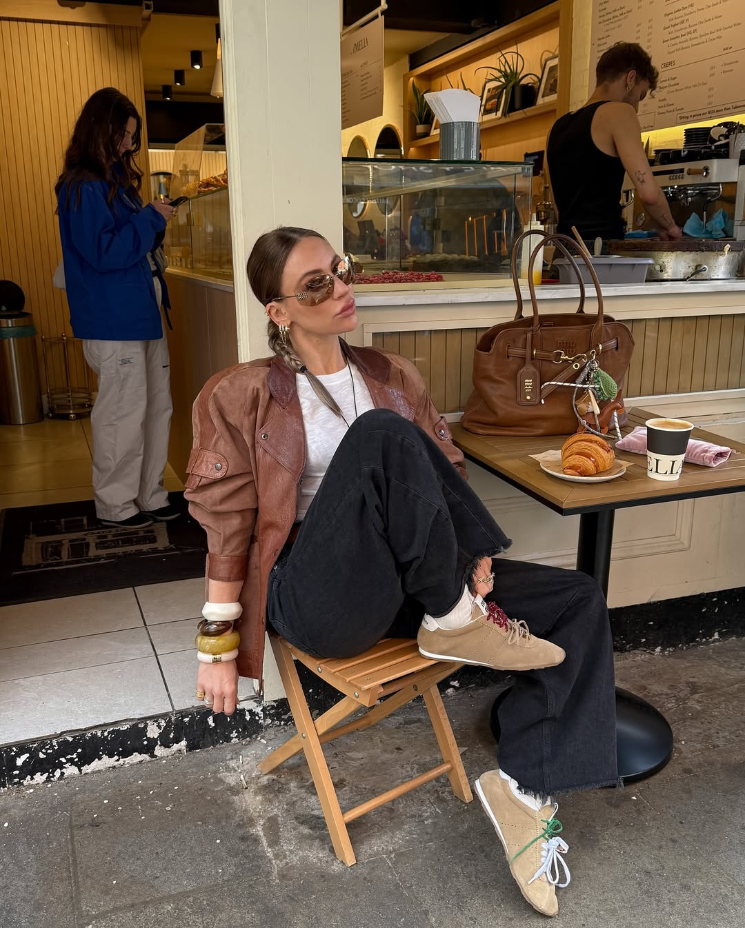 Leather Jacket with Wide-Leg Jeans and Sneakers — Winter Outfits with Sneakers