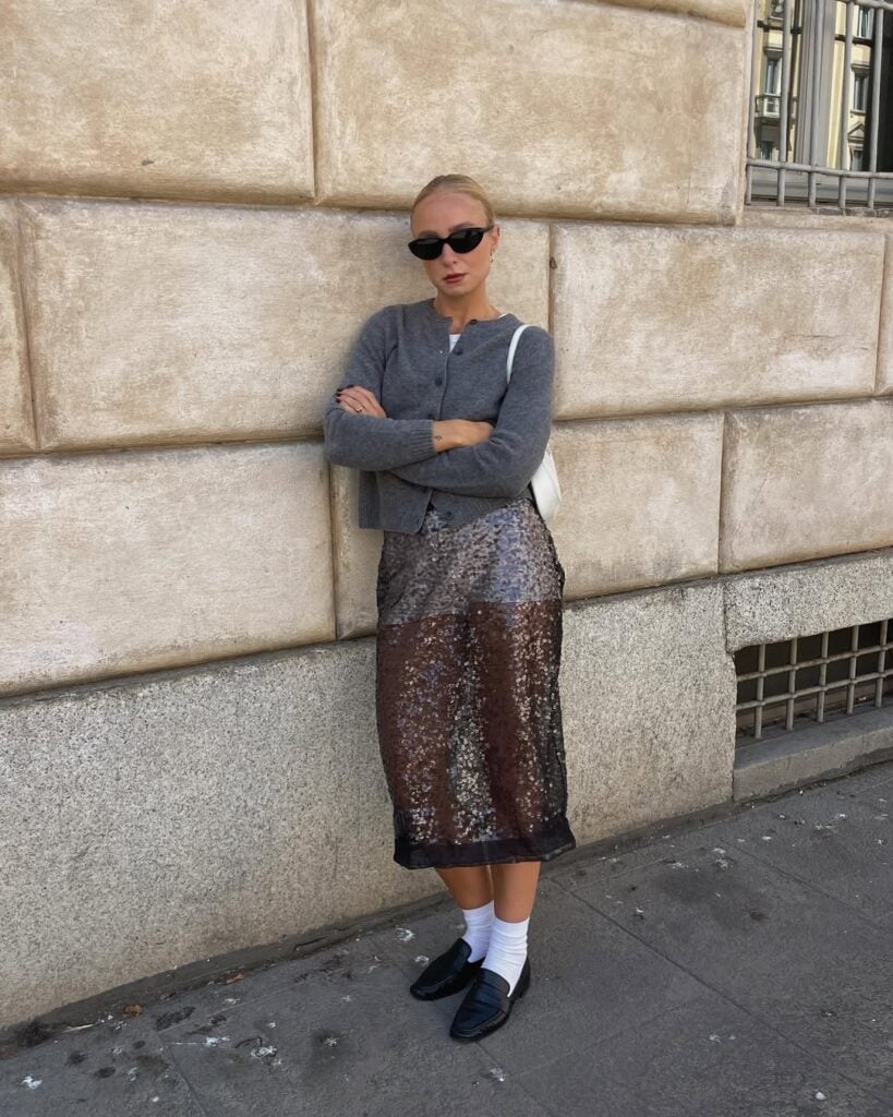 Shimmering Brown Sequined Skirt Paired with Grey Knit Cardigan — Colorful Winter Outfits