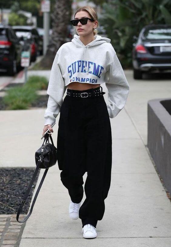 Grey Cropped Hoodie with Blue Text and Wide-Leg Pants — Hoodie Outfits