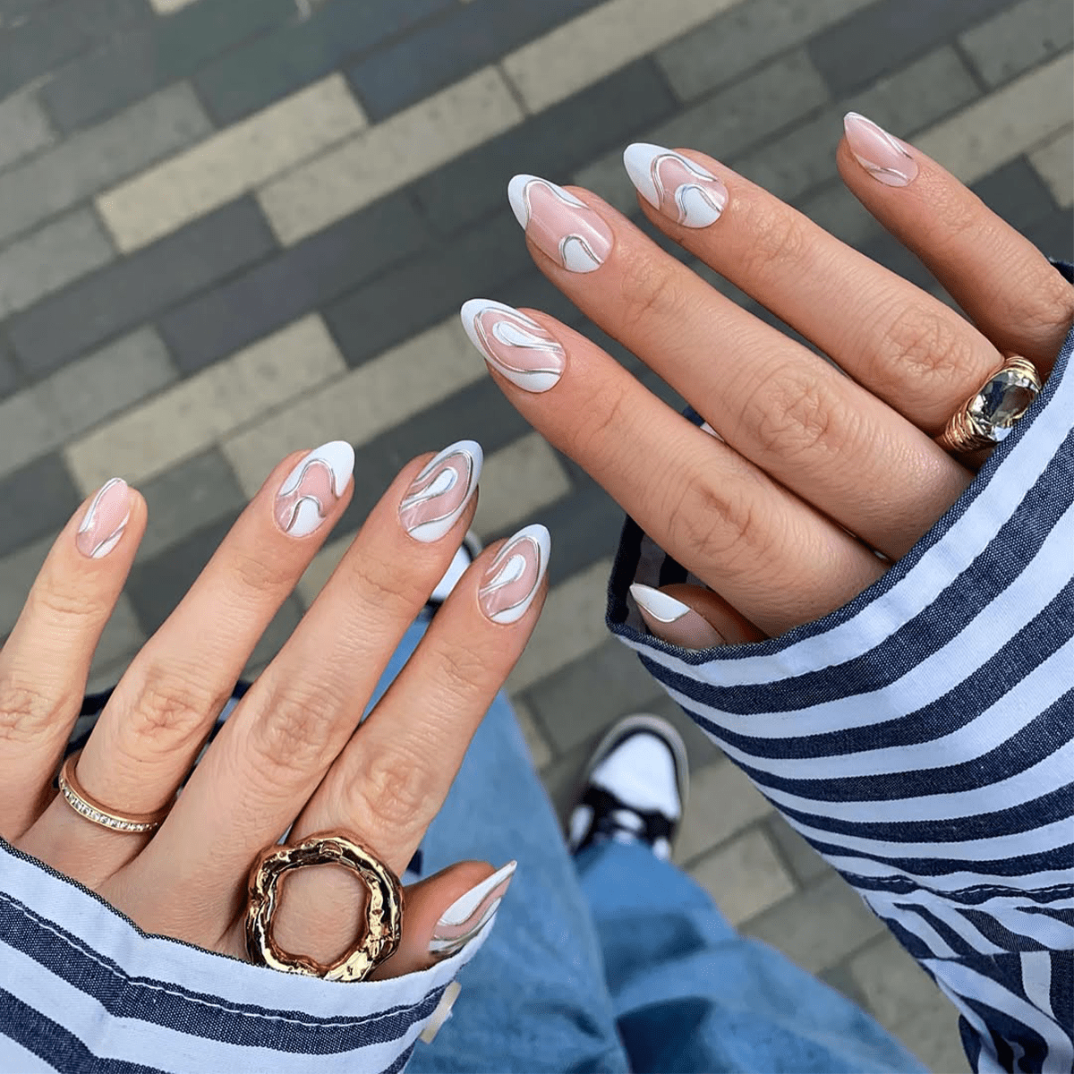 Abstract Wavy Lines Almond Nails — Long Winter Nails