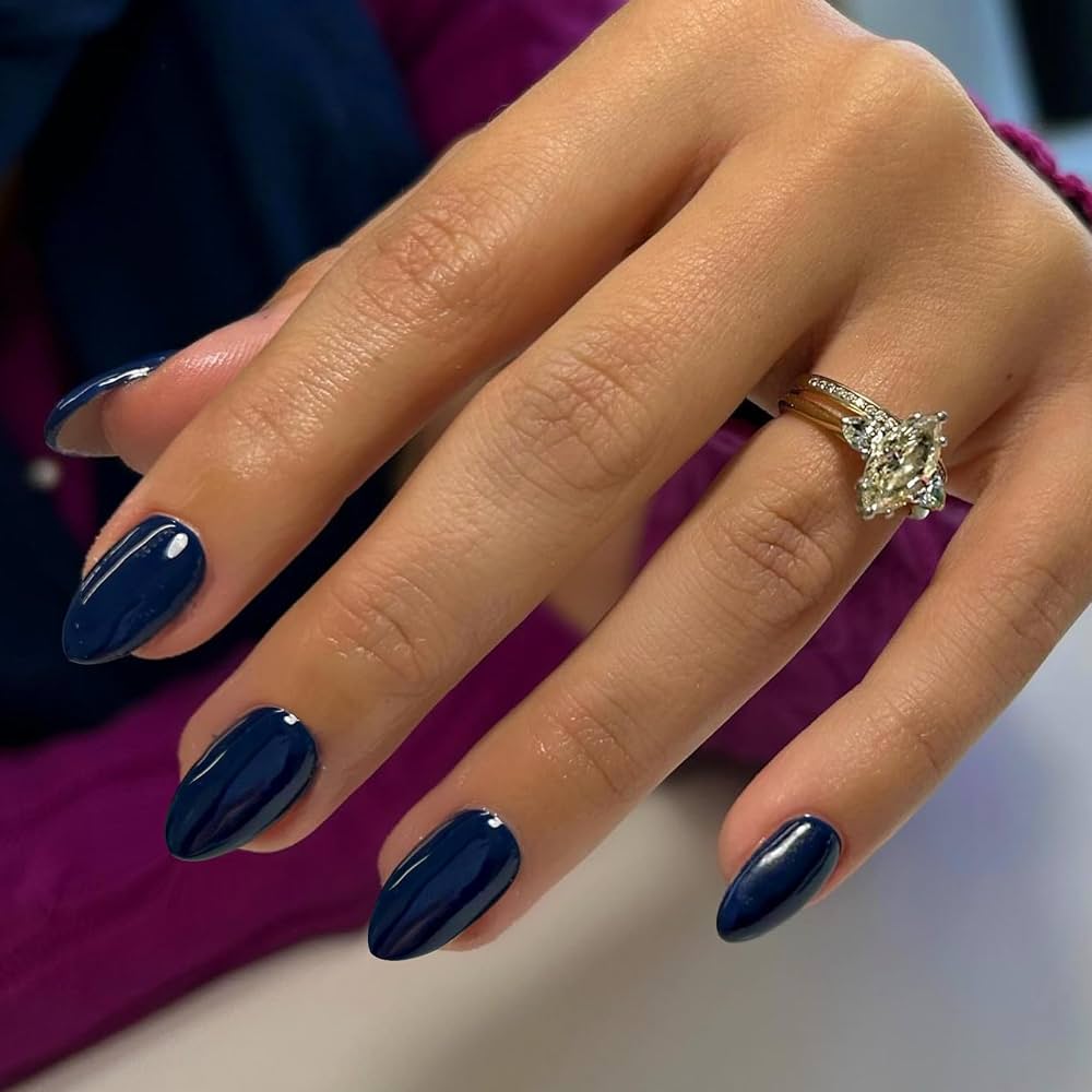 Rich Navy Medium Almond Glossy — Navy Blue Nails