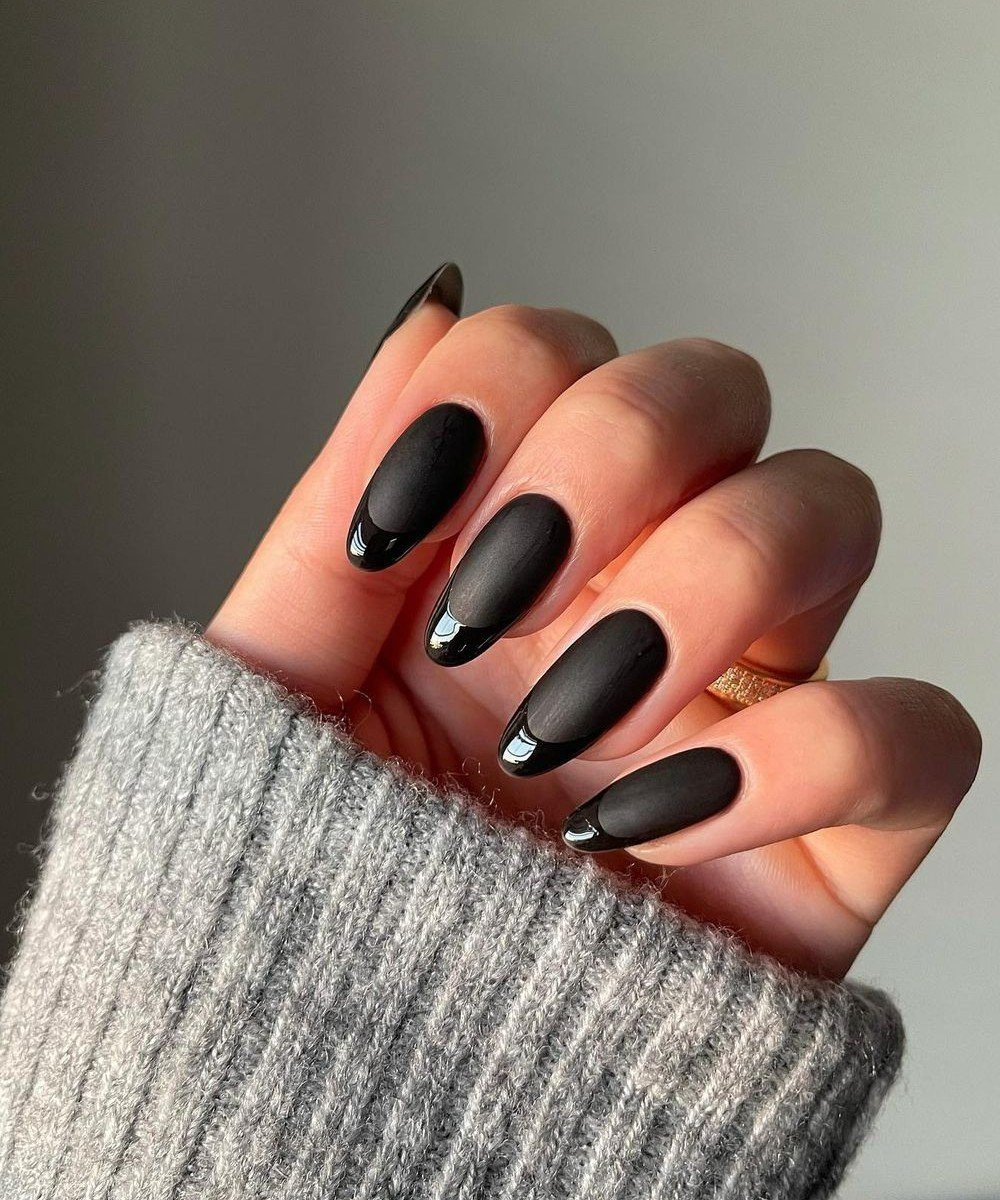 Matte Black With Glossy French Tips Matte Black With Glossy French Tips — Winter Black Nails