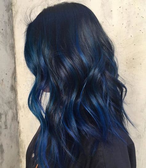 Blue Streaks On Wavy Collarbone Hair — Blue Black Hair