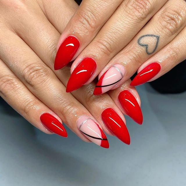 Geometric Lines Silver Accents Visual Idea Geometric Lines Silver Accents Visual Idea — Cherry Red Nails