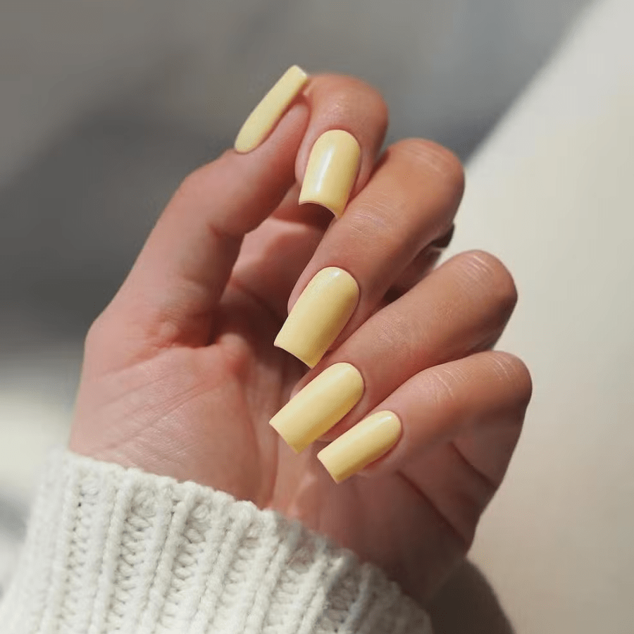 Pale Yellow Glossy Medium Square Nails Pale Yellow Glossy Medium Square Nails — Winter Nail Colors