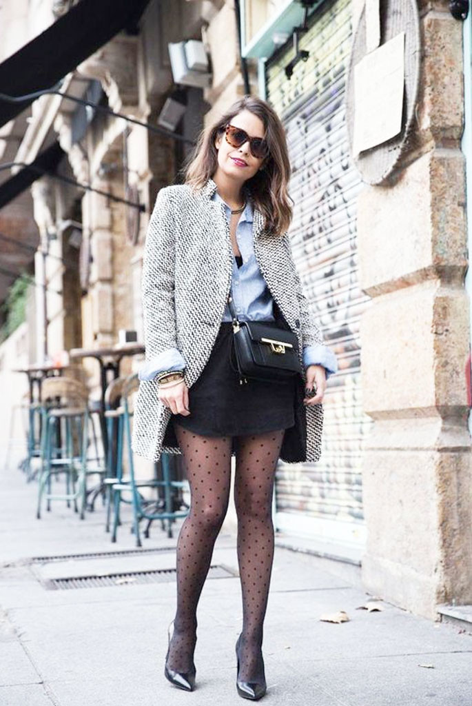 Black Polka Dot Tights with a Textured Coat and Mini Skirt — Tights Outfits