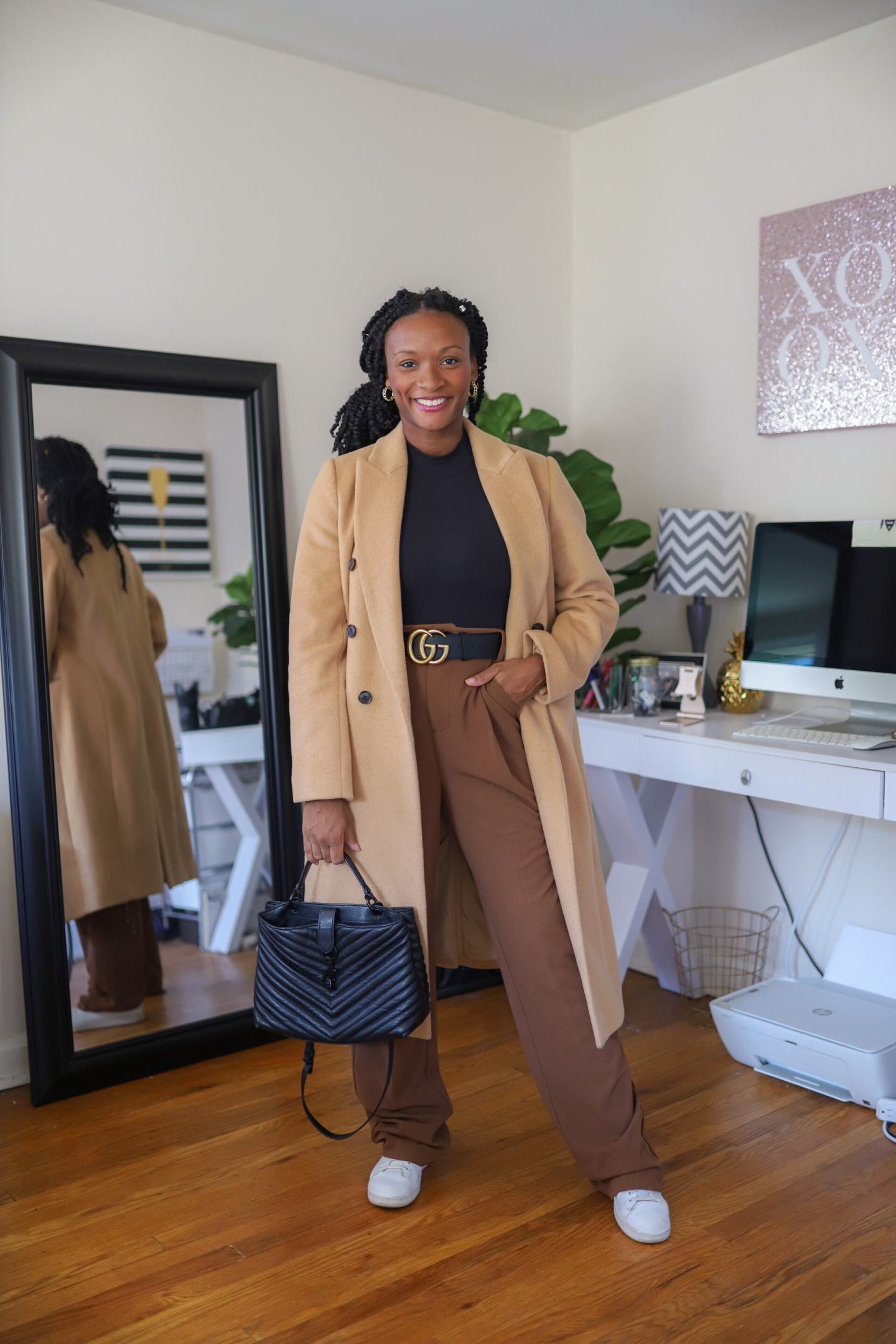 Polished Casual: Camel Coat with Black Top and Brown Trousers — Camel Coat Outfits