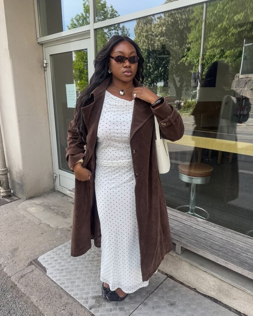 Brown Suede Coat Over a Polka Dot Maxi Dress — Long Coat Outfits