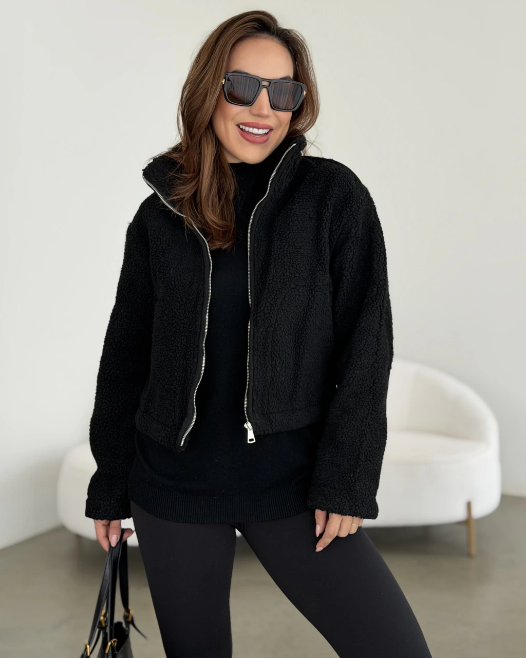 Monochromatic Black Teddy Jacket Outfit for Urban Chic — Teddy Coat Outfits