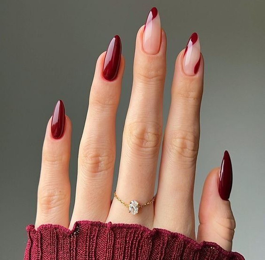 One Hand Sheer Base Red Color Block Almond — Black Cherry Nails