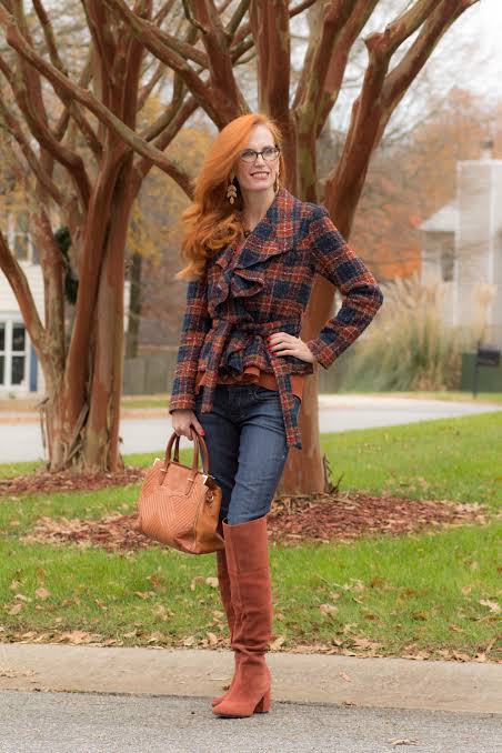 Tan Over-the-Knee Boots with Orange Top and Plaid Blazer — Over the Knee Boots Outfits