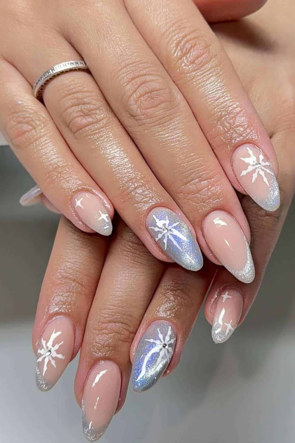 Winter White Snowflake and Glitter French Winter White Snowflake and Glitter French — Winter Chrome Nails