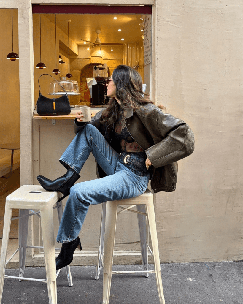 Contrasting Textures: Leather Jacket, Lace Top, and Heeled Boots — Ankle Boots Outfits