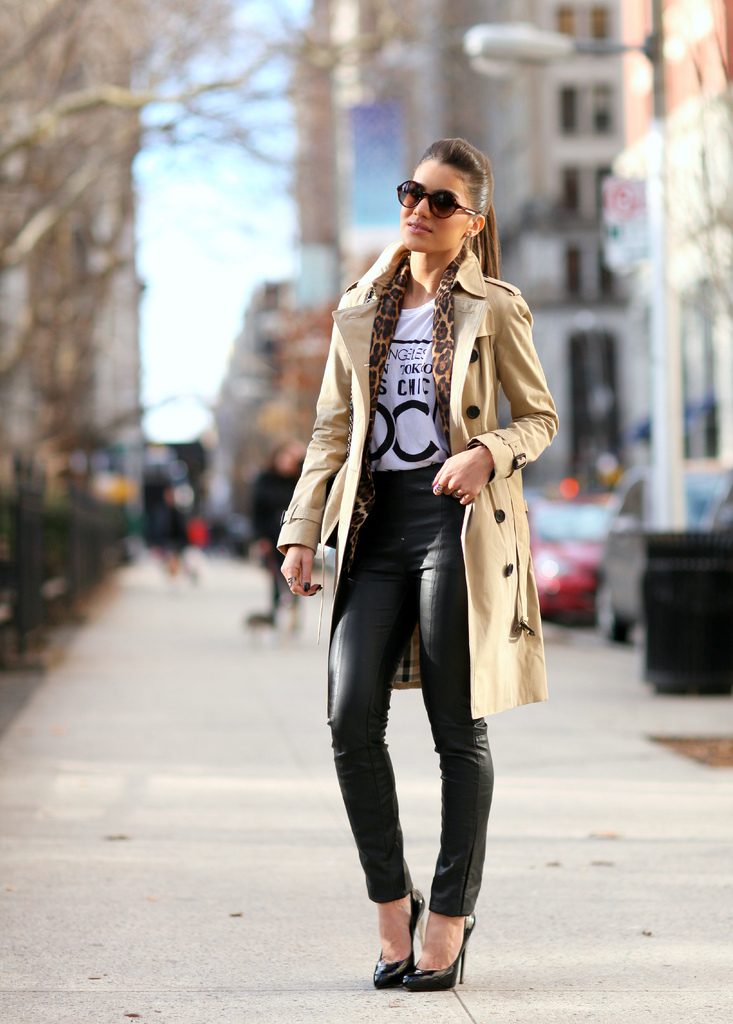Beige Trench Coat with Graphic Tee, Faux Leather Pants and Heels — Winter Outfits for Warm Weather