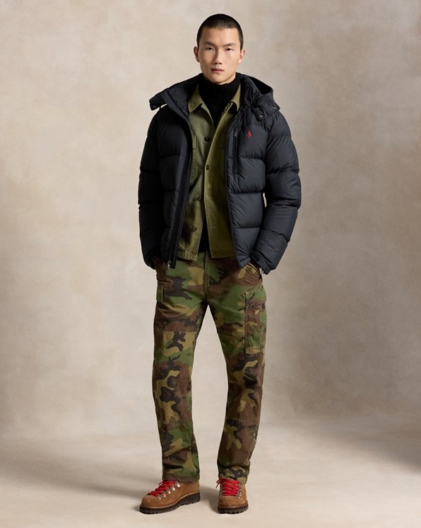 Camouflage Cargo Pants with a Puffer Jacket — Winter Outfits for Men