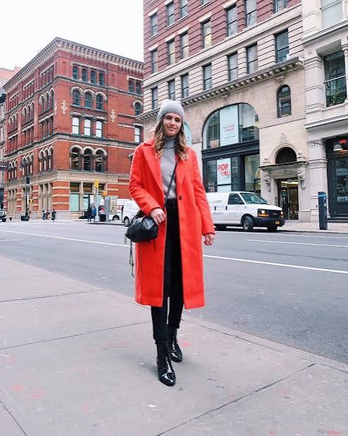 Bright Red Long Wool Coat with Grey Turtleneck and Beanie — NYC Winter Outfits