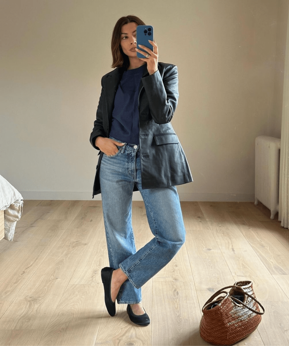 Straight-Leg Jeans with a Leather Blazer for a Polished Casual Look — Winter Outfits with Jeans