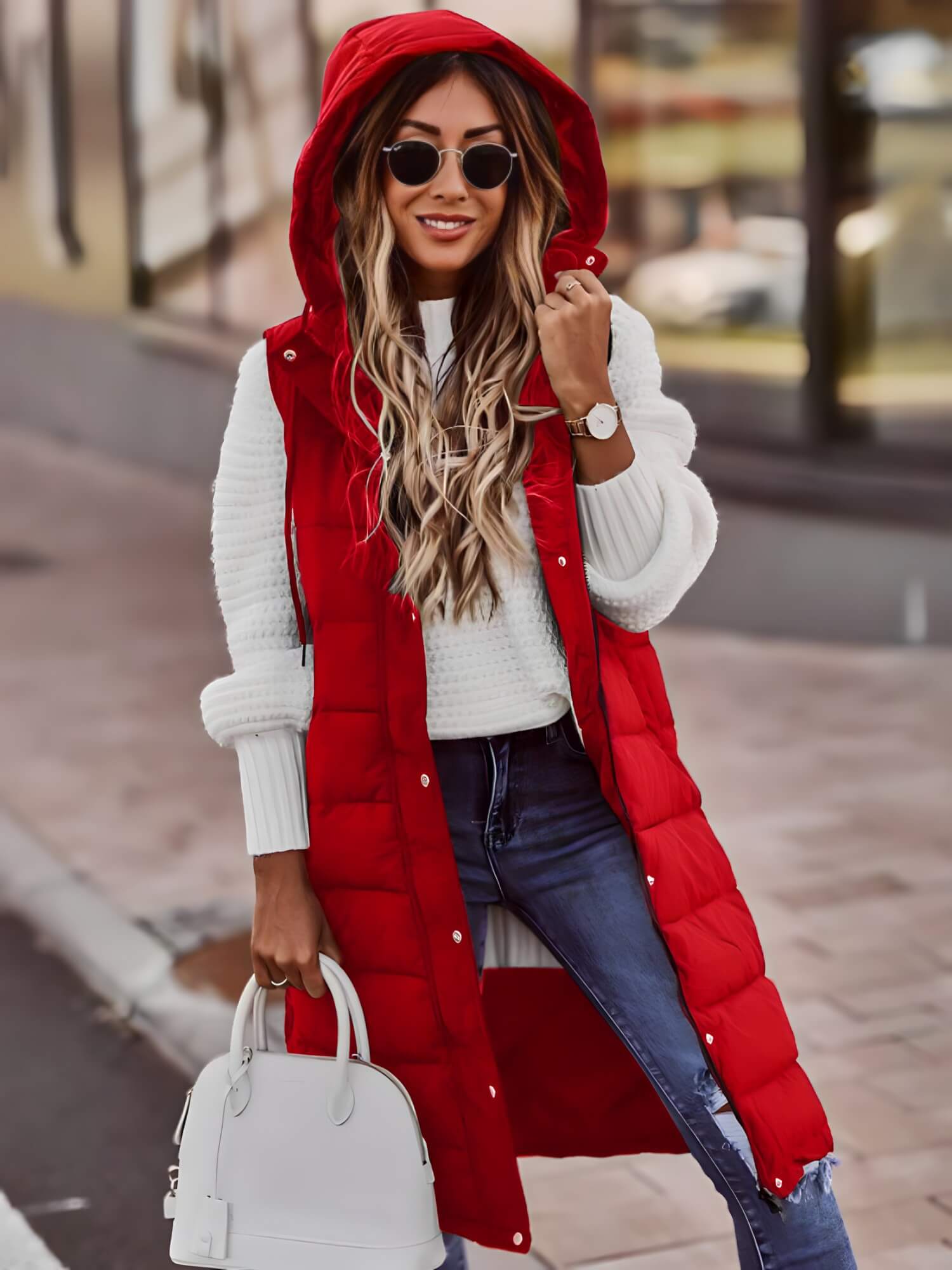 Long Red Puffer Vest with Hood and White Sweater — Puffer Vest Outfits