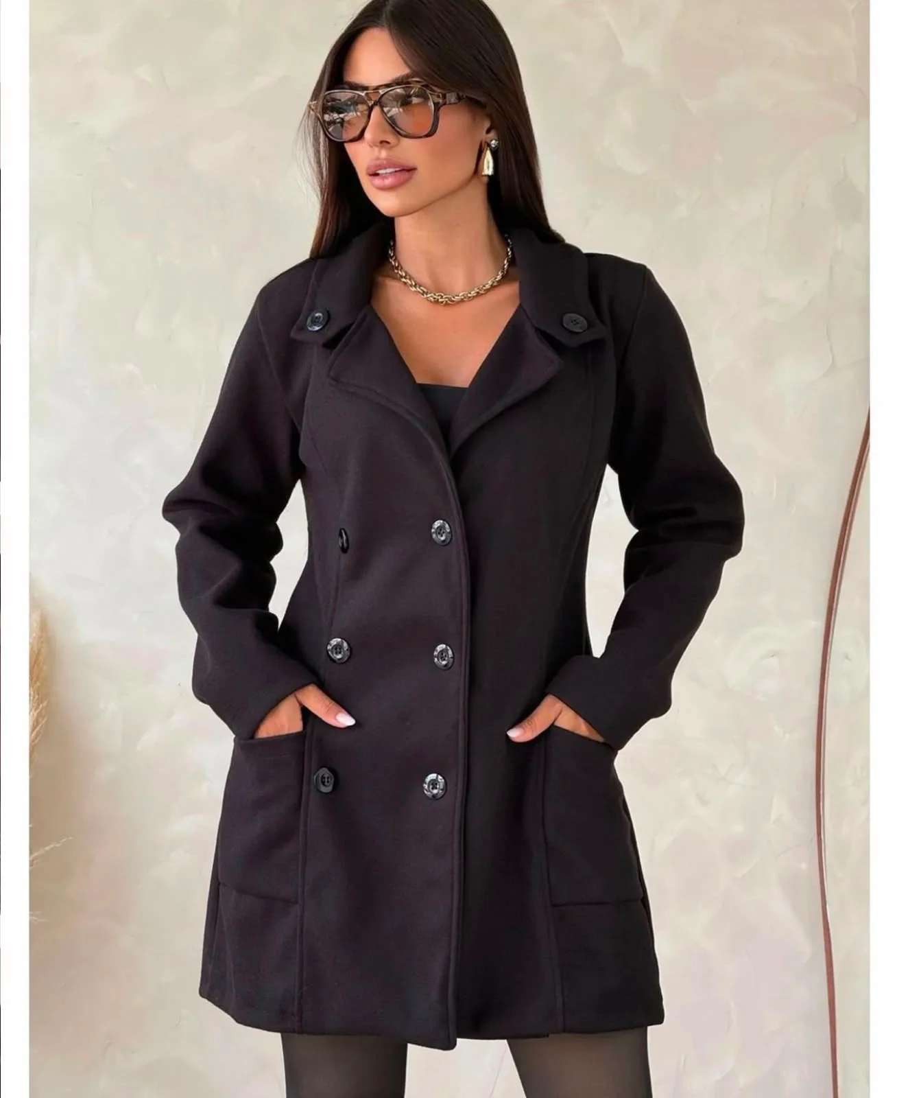 Fitted Black Peacoat with Grey Trousers and Oversized Sunglasses — Peacoat Outfits
