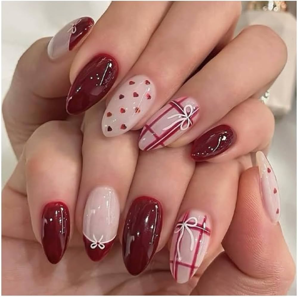 Mix of Burgundy, Hearts, and Plaid with Bows Mix of Burgundy, Hearts, and Plaid with Bows — Winter Acrylic Nails