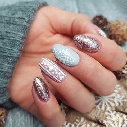 Light Blue White Snowflake Rose Gold Glitter Medium Ovals Light Blue White Snowflake Rose Gold Glitter Medium Ovals — Winter Glitter Nails