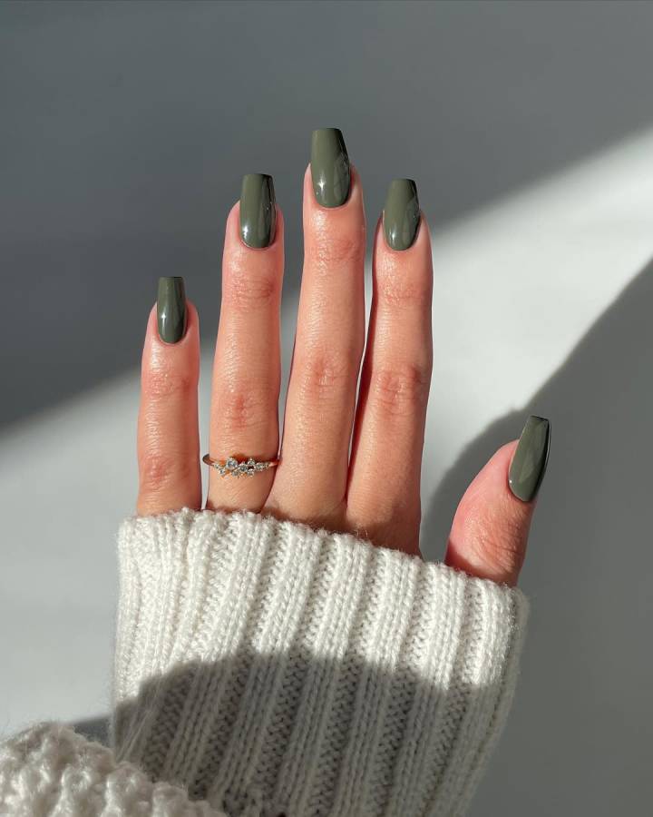 None Muted Olive Green Glossy Coffin Nails None Muted Olive Green Glossy Coffin Nails — Winter Green Nails
