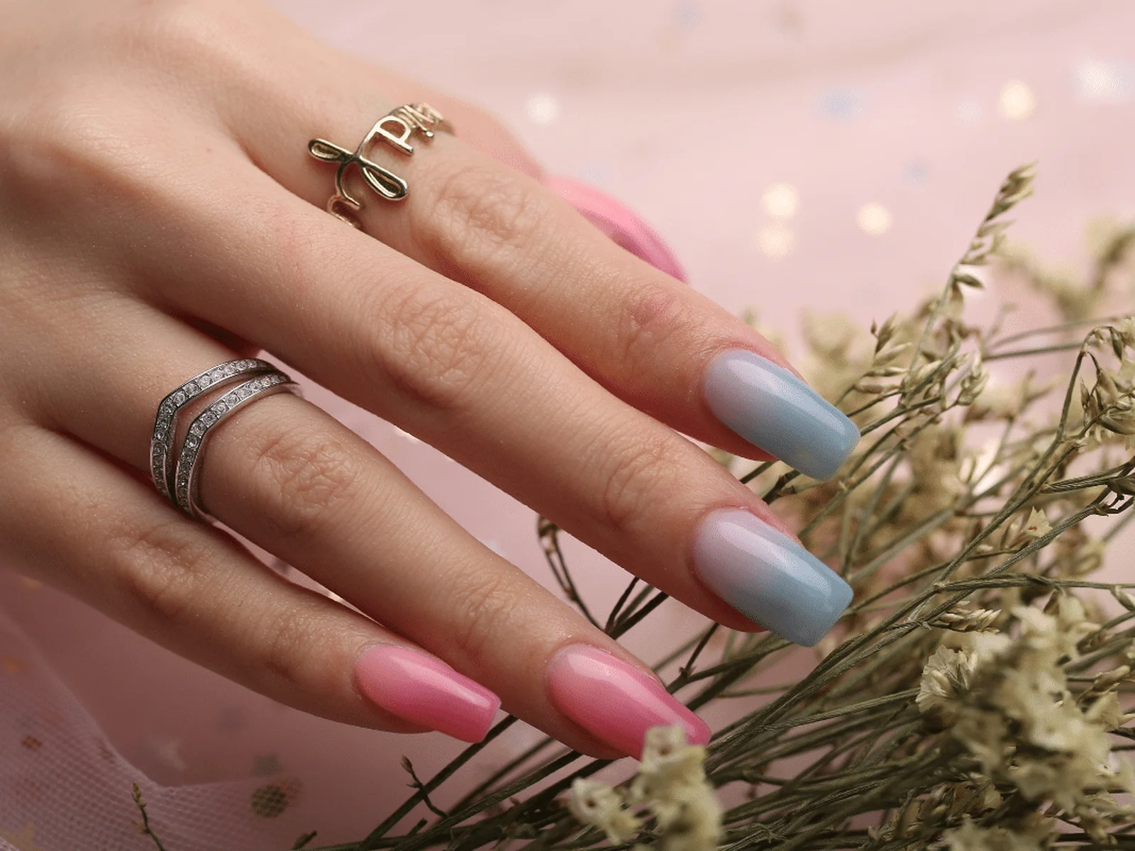 Pink to Blue Gradient Ombre — Winter to Spring Transition Nails